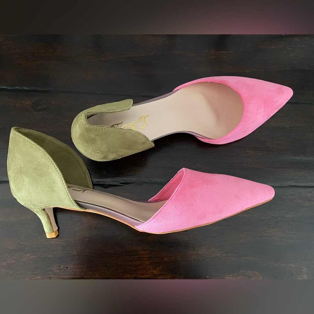 Pink and Green Suede Kitten Heel Shoe